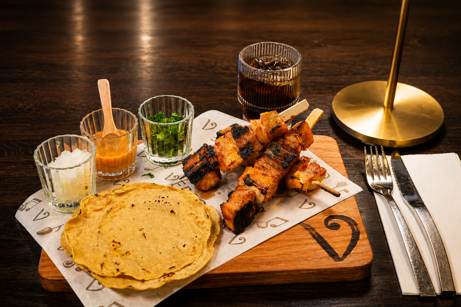 Brochetas al carbón, tortilla recién torteada.