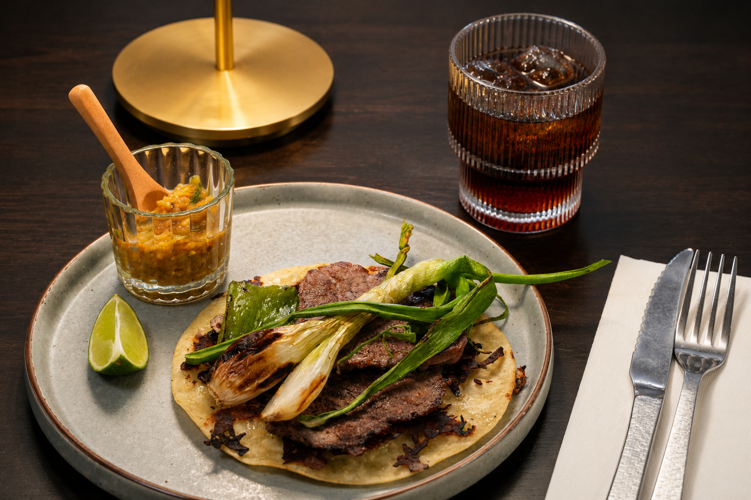 Arrachera al carbón, salsa tatemada y lima.