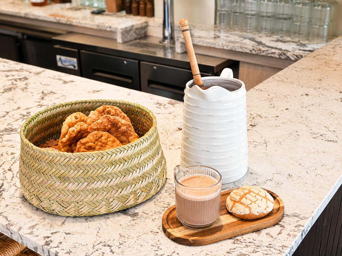 Hot chocolate with buñuelos and concha